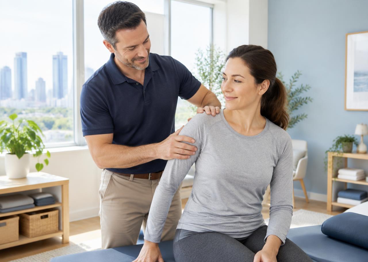 A manual practitioner gently assessing a patient's shoulder in a bright clinic